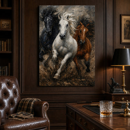 Wild Black White Brown Horses Oil Painting Canvas Wall Art - 02_wall_scene