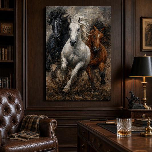 Wild Black White Brown Horses Oil Painting Canvas Wall Art — room scene