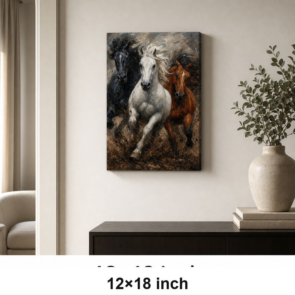 Wild Black White Brown Horses Oil Painting Canvas Wall Art - 04_sku_12x18_wall