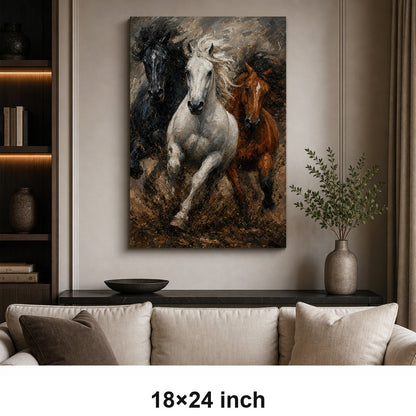 Wild Black White Brown Horses Oil Painting Canvas Wall Art - 05_sku_18x24_wall