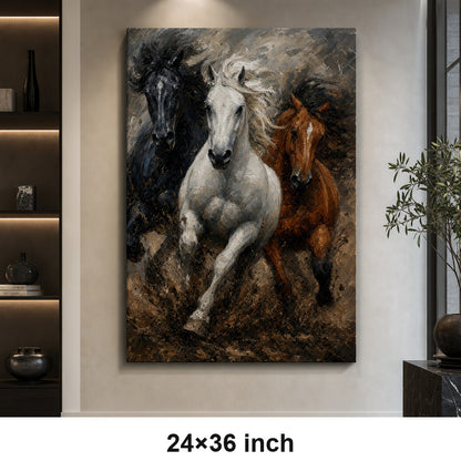 Wild Black White Brown Horses Oil Painting Canvas Wall Art - 06_sku_24x36_wall