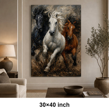 Wild Black White Brown Horses Oil Painting Canvas Wall Art - 07_sku_30x40_wall