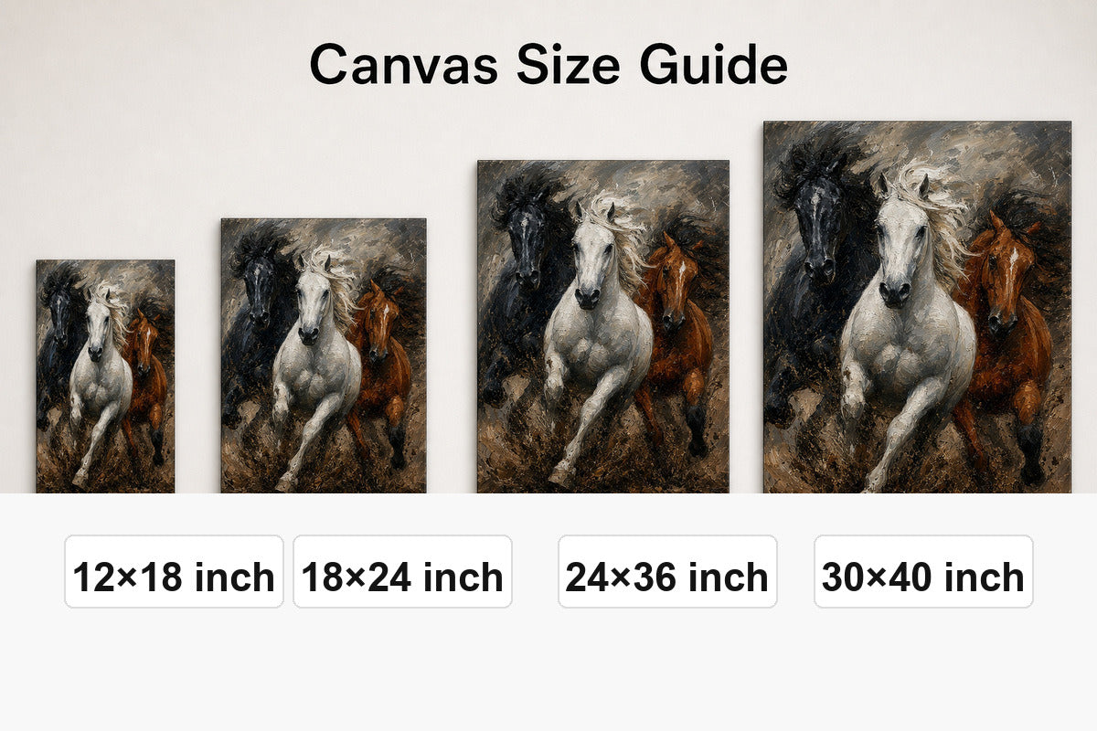 Wild Black White Brown Horses Oil Painting Canvas Wall Art - 08_size_comparison
