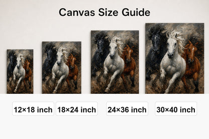 Wild Black White Brown Horses Oil Painting Canvas Wall Art - 08_size_comparison