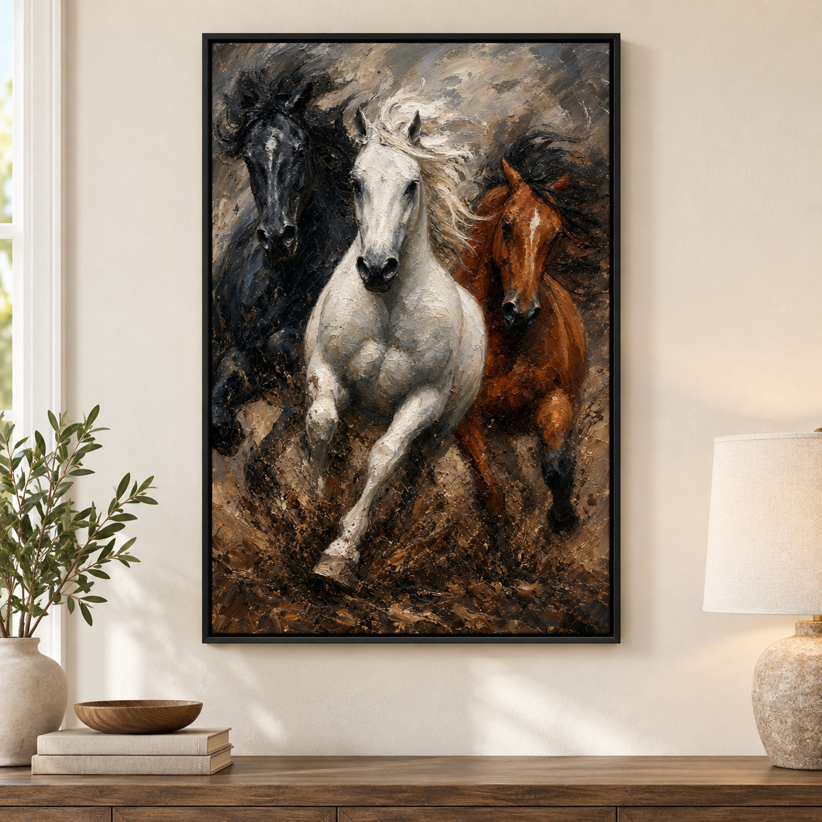 Wild Black White Brown Horses Oil Painting Canvas Wall Art | black_independent_close