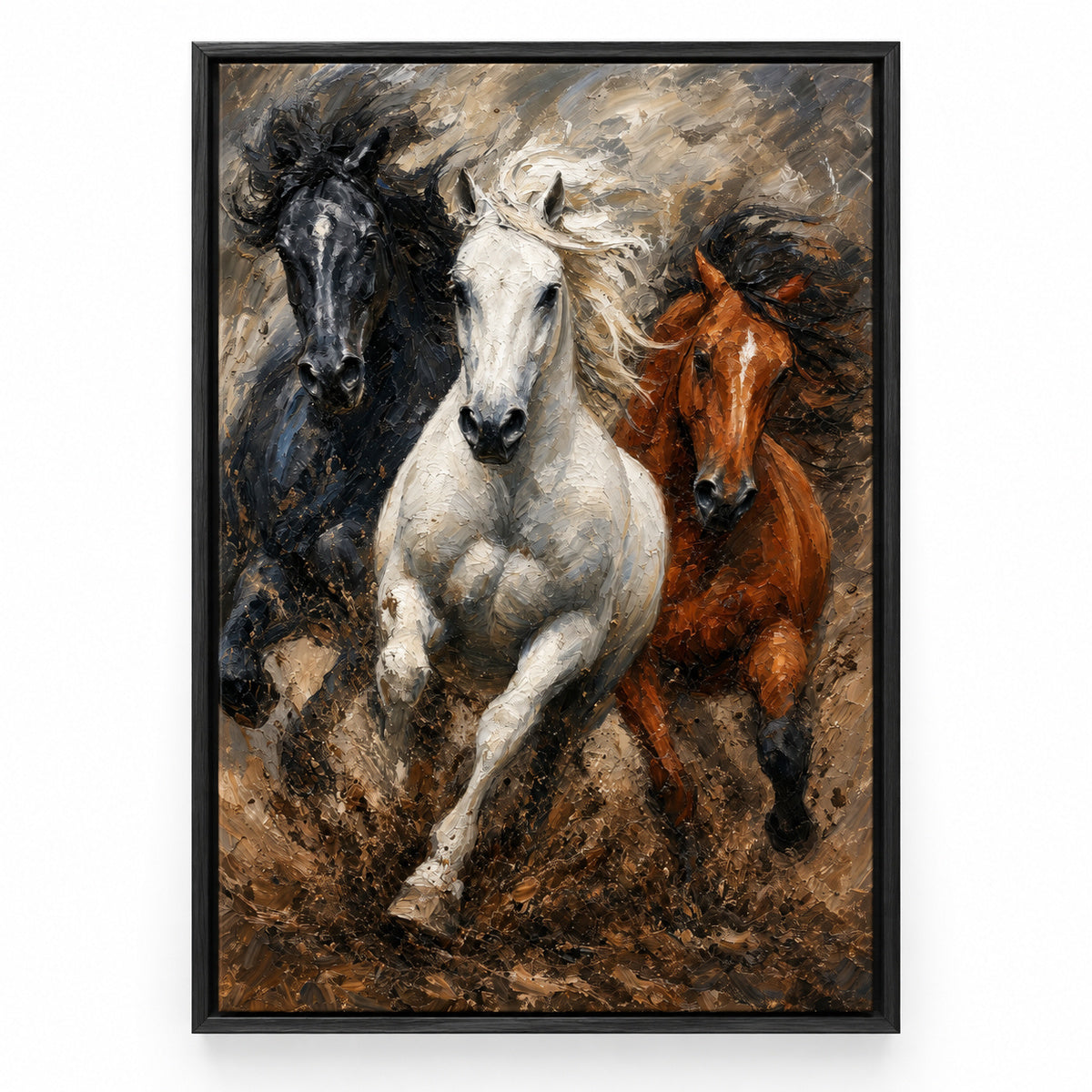 Wild Black White Brown Horses Oil Painting Canvas Wall Art | black_sku