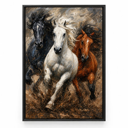 Wild Black White Brown Horses Oil Painting Canvas Wall Art | black_sku