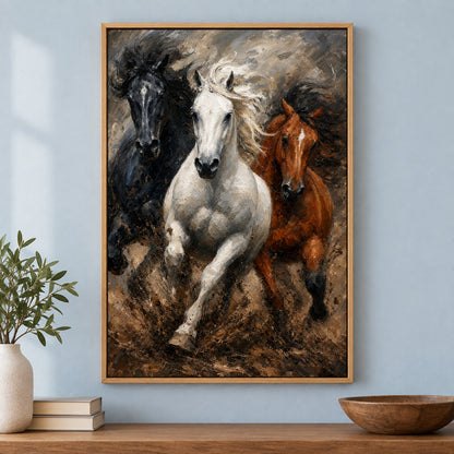 Wild Black White Brown Horses Oil Painting Canvas Wall Art | brown_independent_close