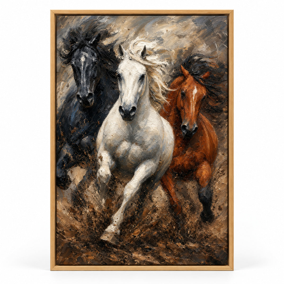 Wild Black White Brown Horses Oil Painting Canvas Wall Art | brown_sku