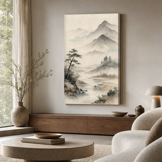 Japanese Zen Mountain Canvas Wall Art — room scene