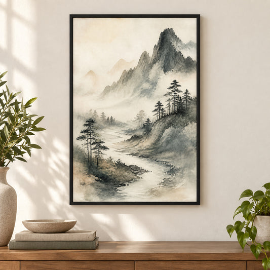 Japanese Misty River Zen Canvas Wall Art | black_independent_close
