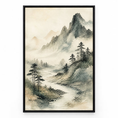 Japanese Misty River Zen Canvas Wall Art | black_sku