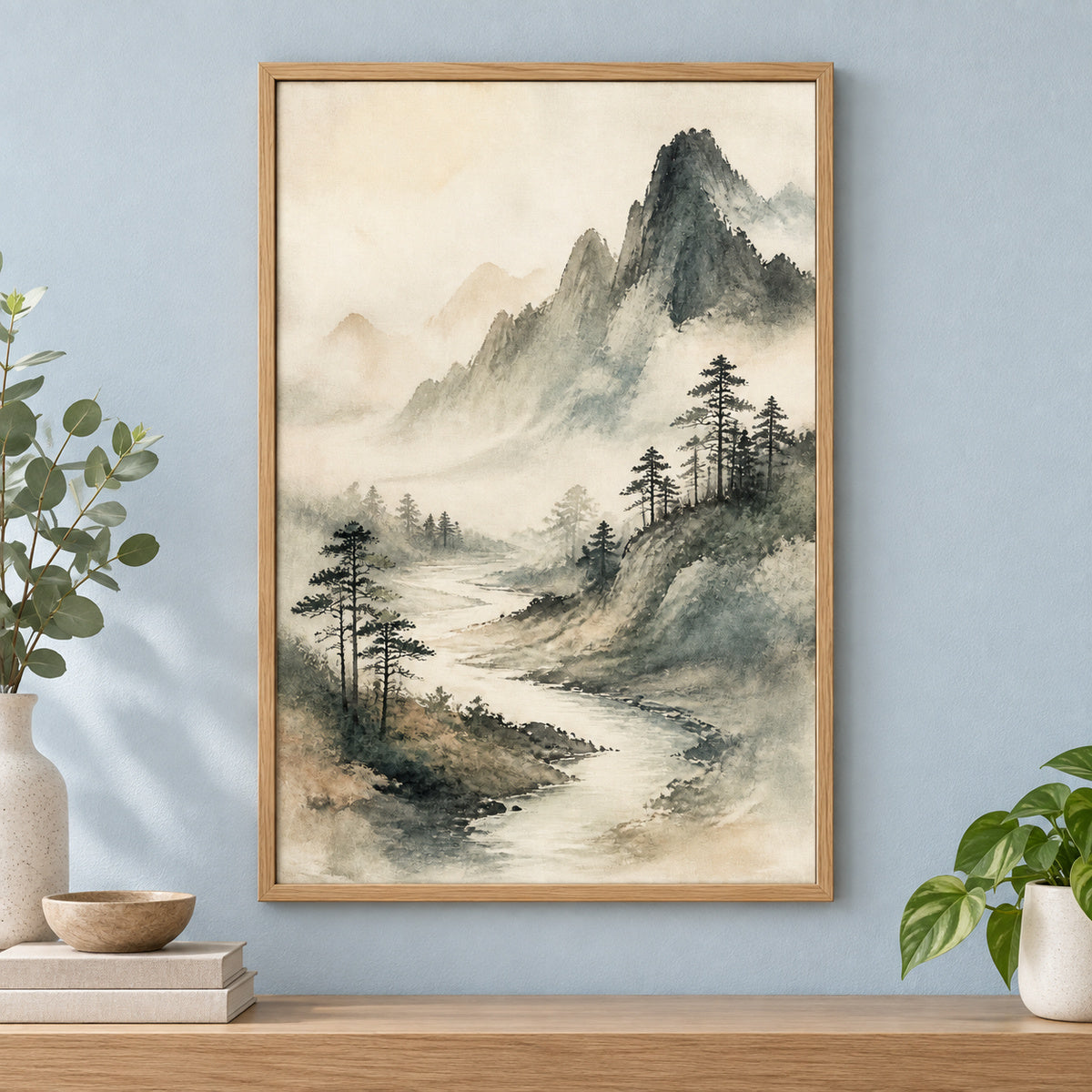 Japanese Misty River Zen Canvas Wall Art | brown_independent_close
