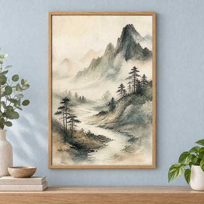 Japanese Misty River Zen Canvas Wall Art | brown_independent_close