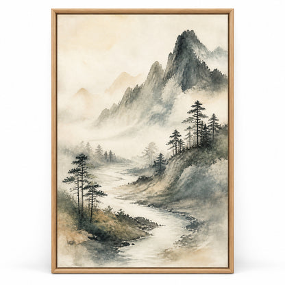 Japanese Misty River Zen Canvas Wall Art | brown_sku