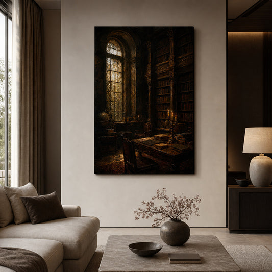 Dark Academia Candlelit Library Canvas Wall Art — room scene