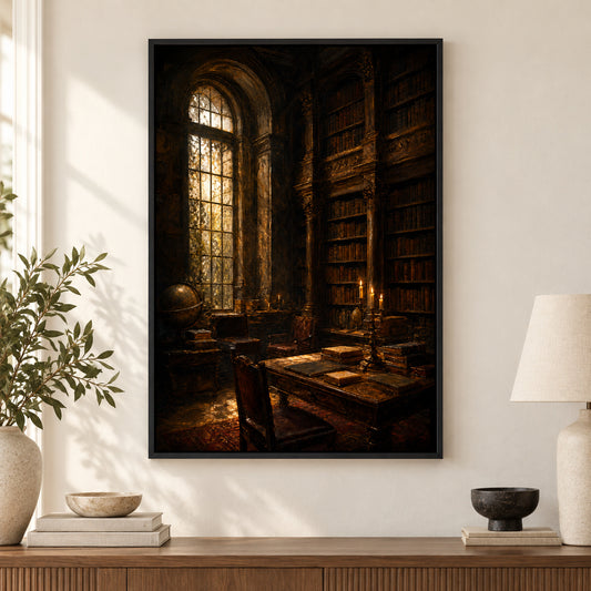 Dark Academia Candlelit Library Canvas Wall Art | black_independent_close