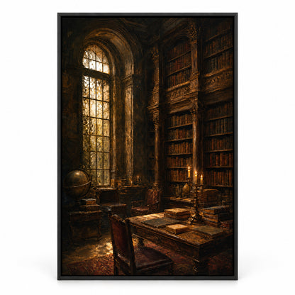 Dark Academia Candlelit Library Canvas Wall Art | black_sku