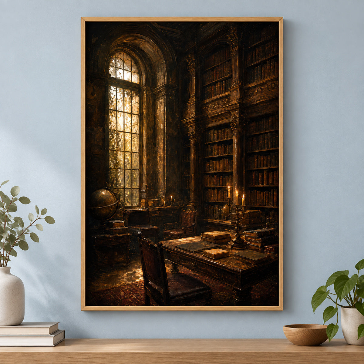 Dark Academia Candlelit Library Canvas Wall Art | brown_independent_close