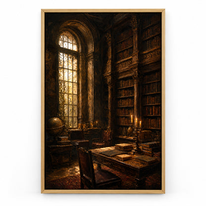 Dark Academia Candlelit Library Canvas Wall Art | brown_sku