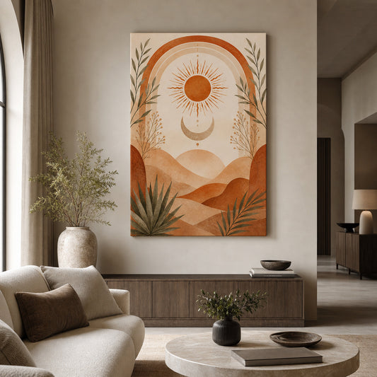 Boho Terracotta Sun Moon Canvas Wall Art — room scene