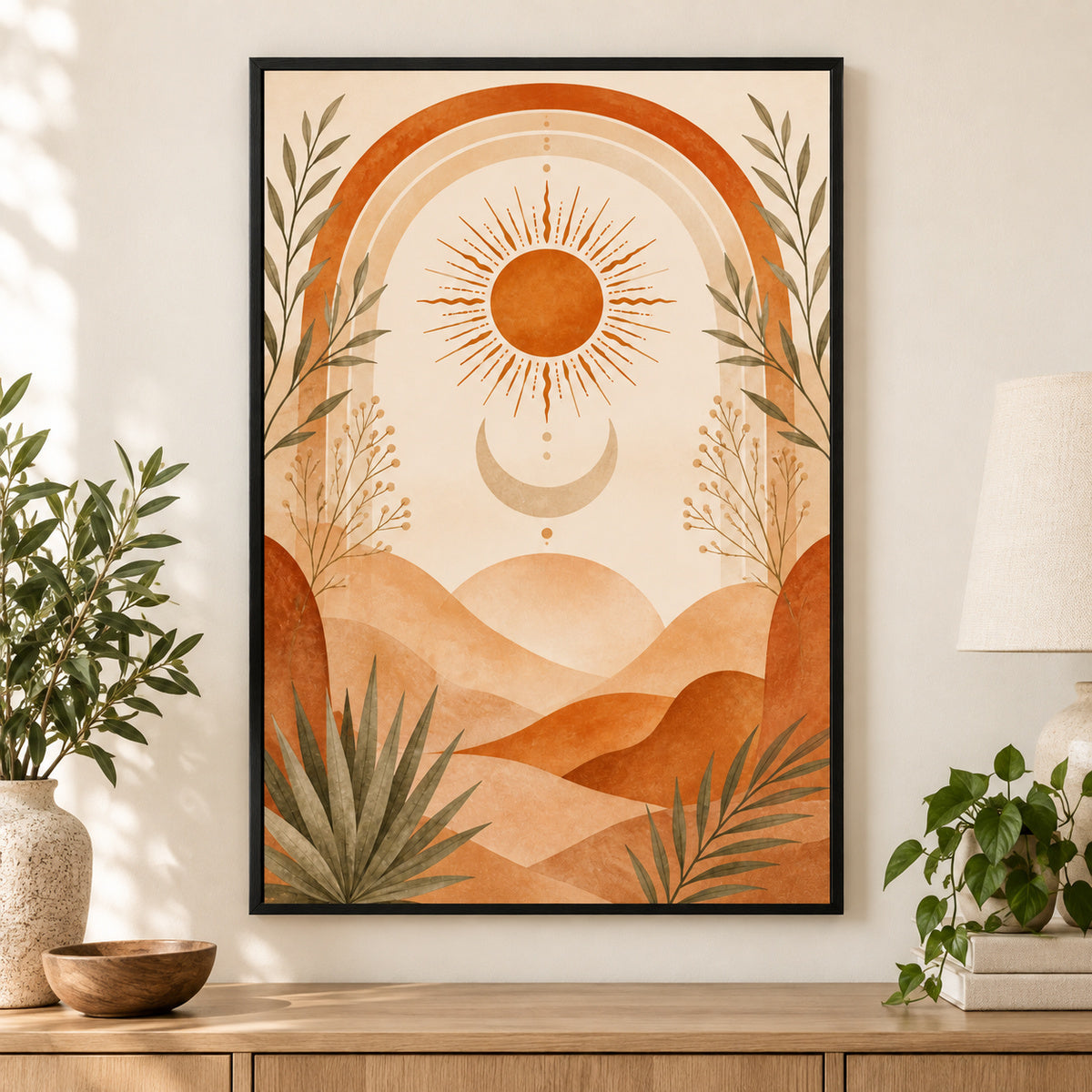 Boho Terracotta Sun Moon Canvas Wall Art | black_independent_close