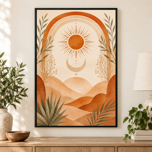 Boho Terracotta Sun Moon Canvas Wall Art | black_independent_close