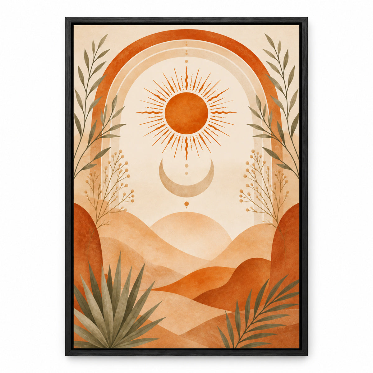 Boho Terracotta Sun Moon Canvas Wall Art | black_sku