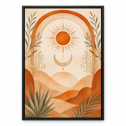Boho Terracotta Sun Moon Canvas Wall Art | black_sku