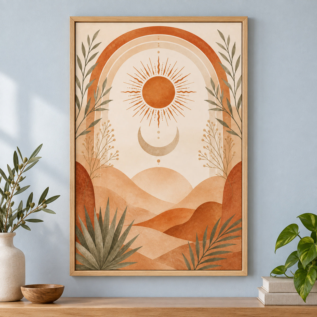 Boho Terracotta Sun Moon Canvas Wall Art | brown_independent_close