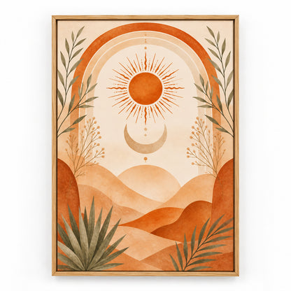 Boho Terracotta Sun Moon Canvas Wall Art | brown_sku