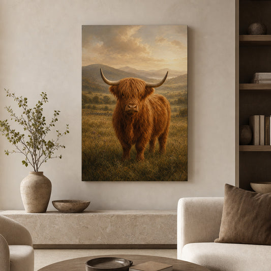 Highland Cow Farmhouse Canvas Wall Art — room scene