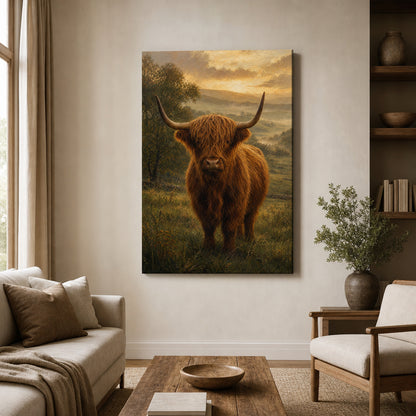 Highland Cow Golden Hour Canvas Wall Art - 02_wall_scene