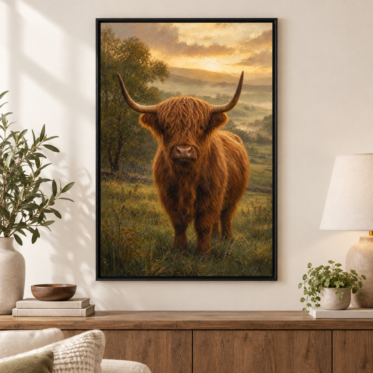 Highland Cow Golden Hour Canvas Wall Art | black_independent_close