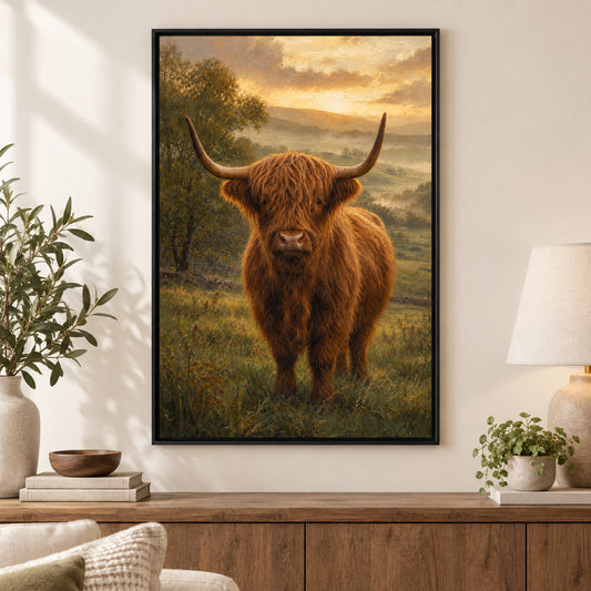 Highland Cow Golden Hour Canvas Wall Art | black_independent_close