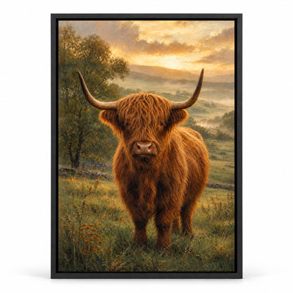 Highland Cow Golden Hour Canvas Wall Art | black_sku