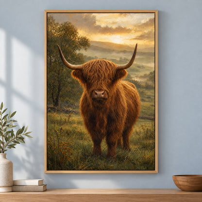 Highland Cow Golden Hour Canvas Wall Art | brown_independent_close