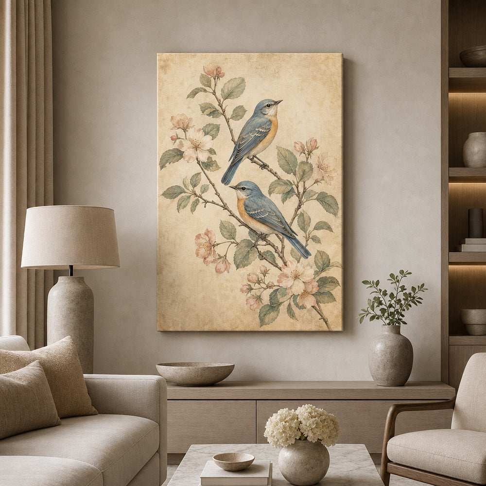 Vintage Botanical Birds Canvas Wall Art - 02_wall_scene