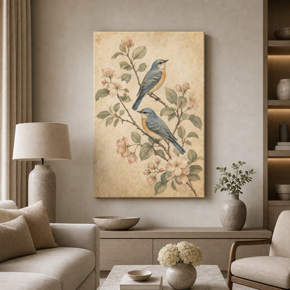 Vintage Botanical Birds Canvas Wall Art - 02_wall_scene