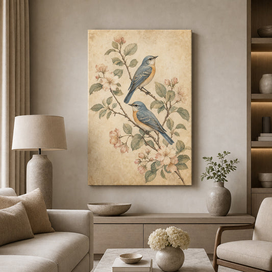 Vintage Botanical Birds Canvas Wall Art — room scene