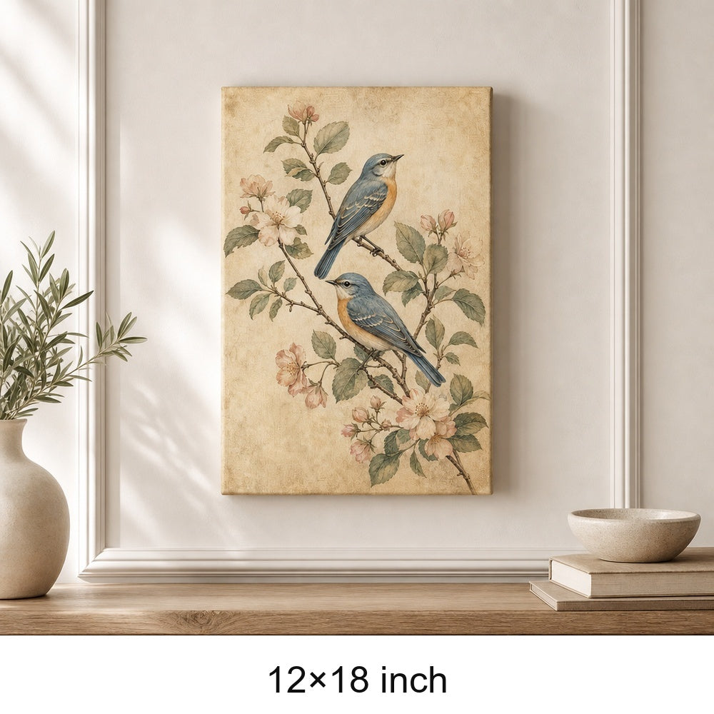 Vintage Botanical Birds Canvas Wall Art — 12×18 room mockup