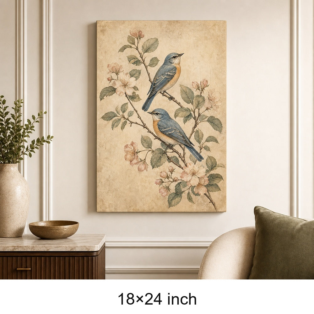 Vintage Botanical Birds Canvas Wall Art — 18×24 room mockup