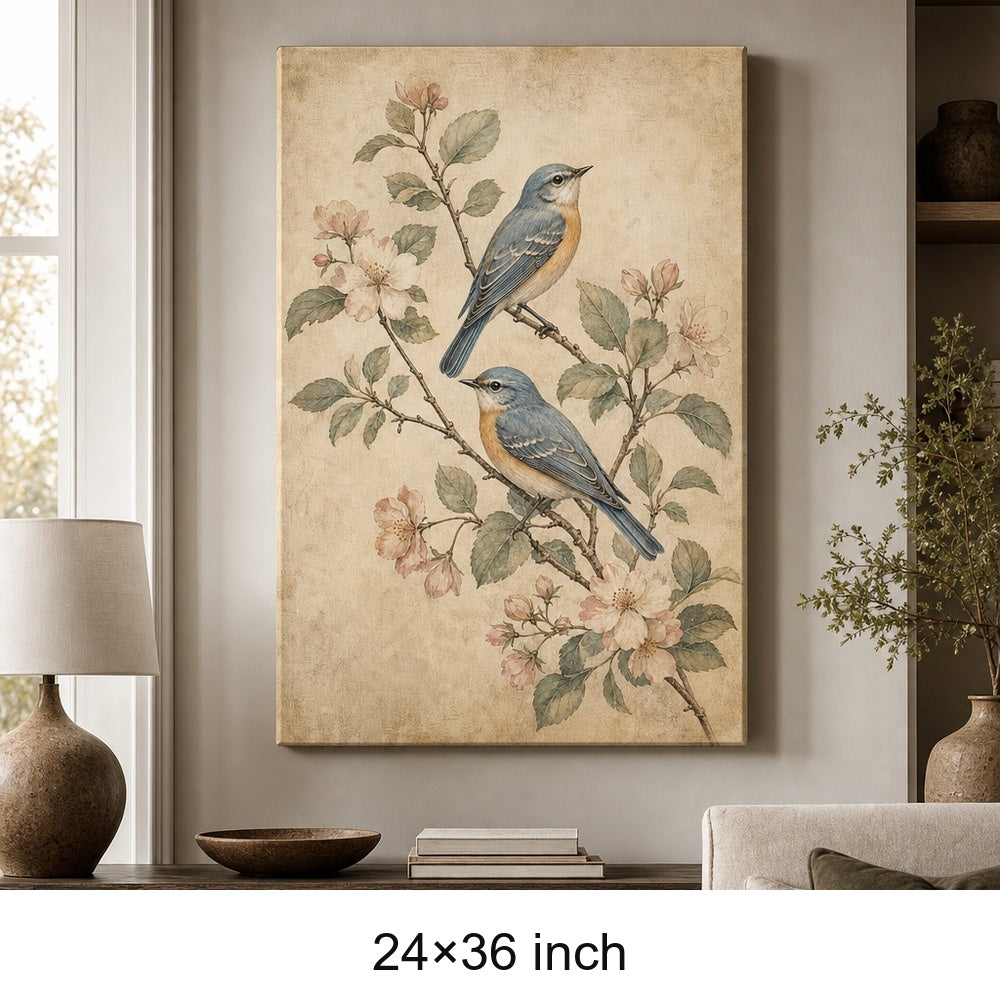 Vintage Botanical Birds Canvas Wall Art — 24×36 room mockup
