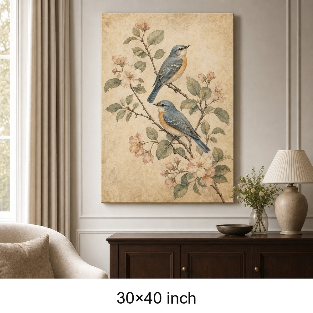 Vintage Botanical Birds Canvas Wall Art — 30×40 room mockup