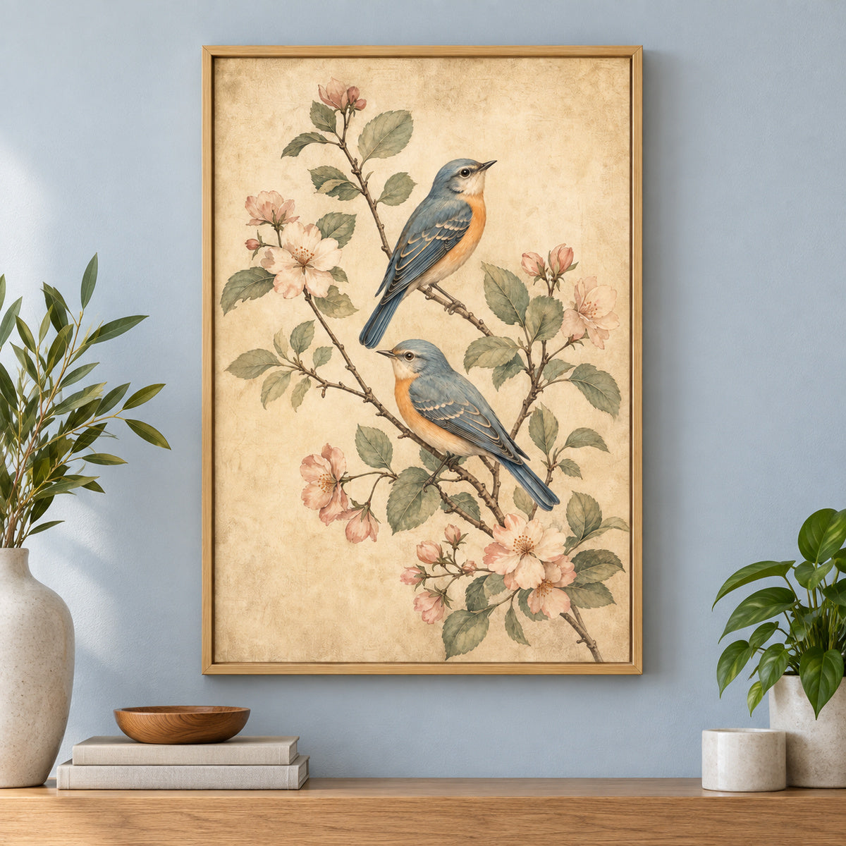 Vintage Botanical Birds Canvas Wall Art | brown_independent_close