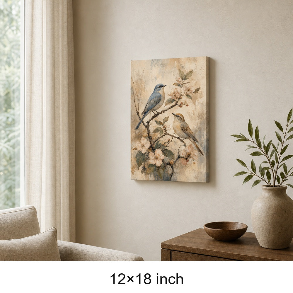 Vintage Flowering Branch Birds Canvas Wall Art — 12×18 room mockup