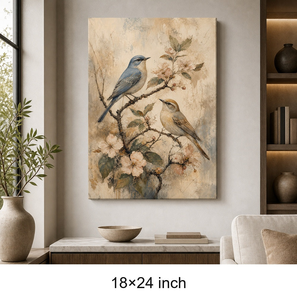 Vintage Flowering Branch Birds Canvas Wall Art — 18×24 room mockup