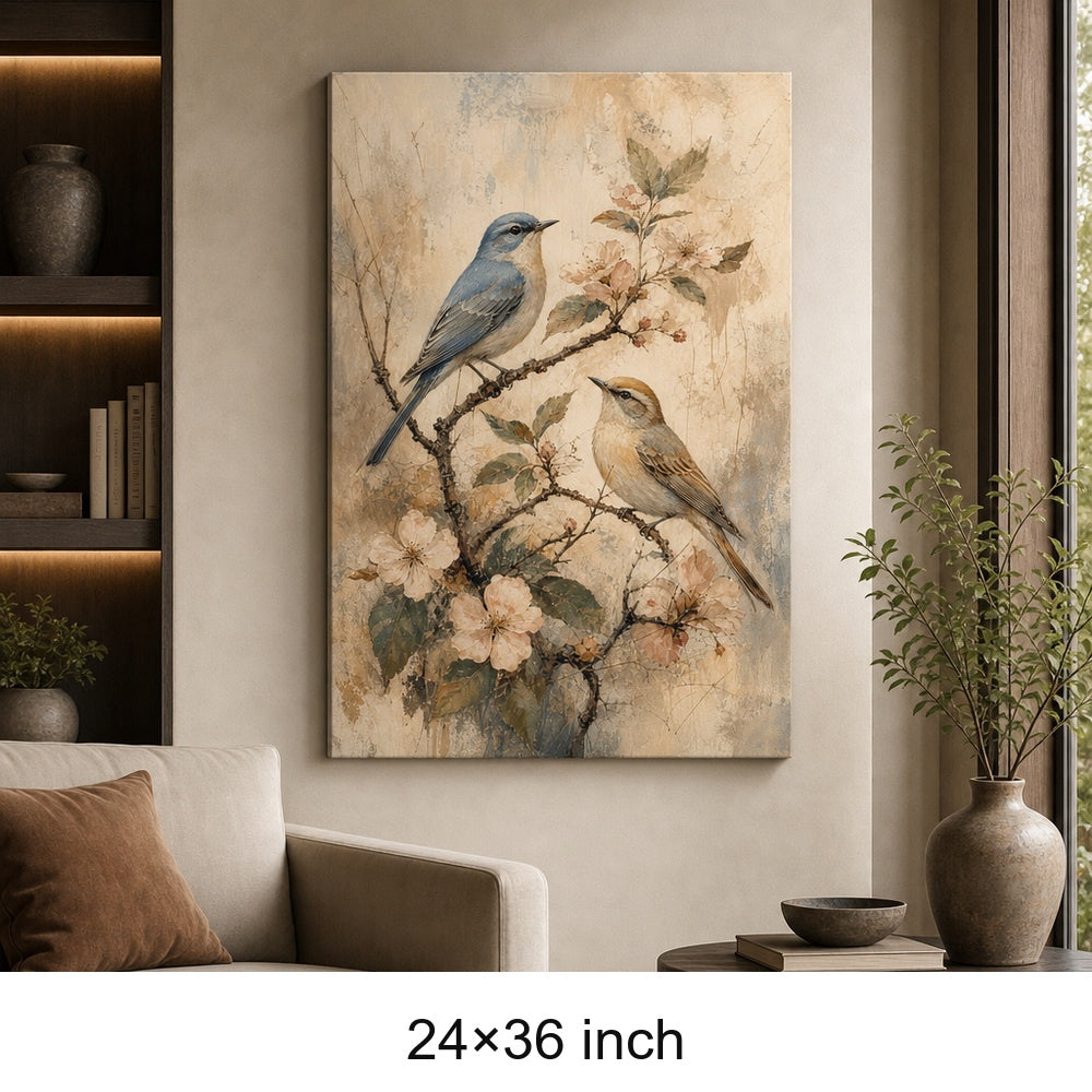 Vintage Flowering Branch Birds Canvas Wall Art — 24×36 room mockup