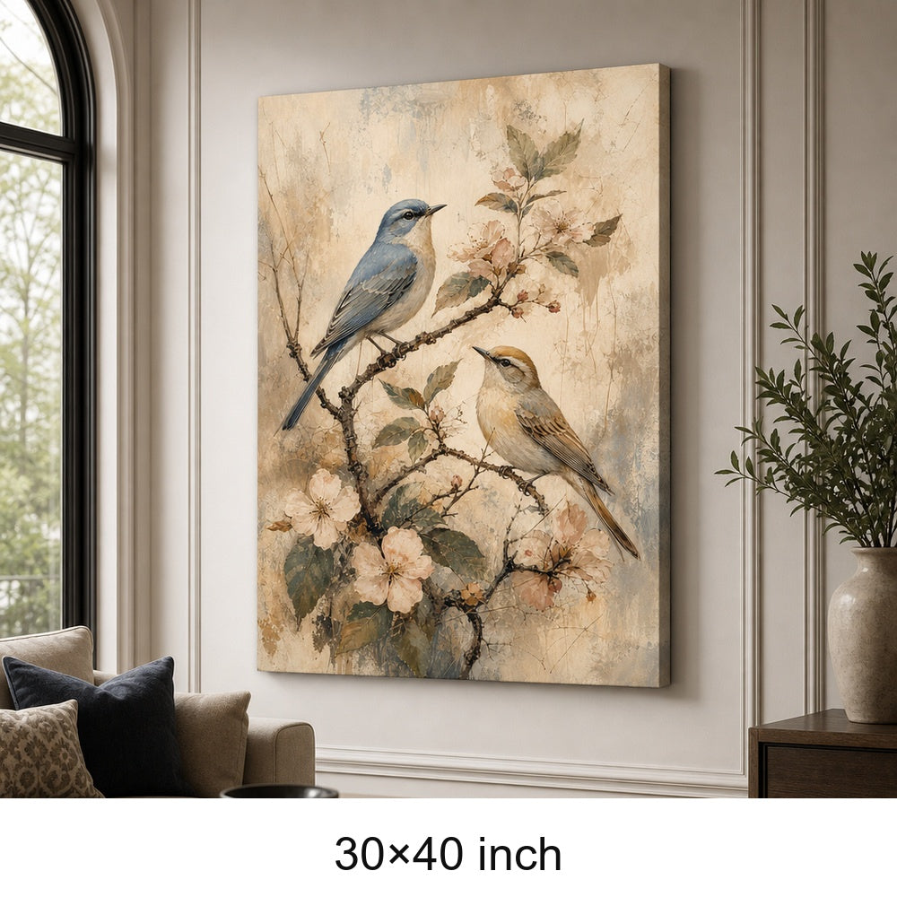 Vintage Flowering Branch Birds Canvas Wall Art — 30×40 room mockup