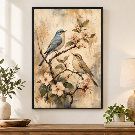Vintage Flowering Branch Birds Canvas Wall Art | black_independent_close